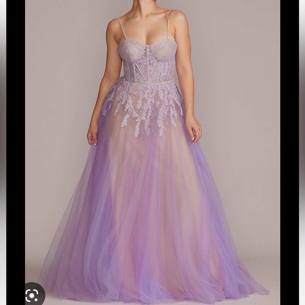 David’s Bridal Jules & Cleo Light Purple Ballgown with Illusion Lace
